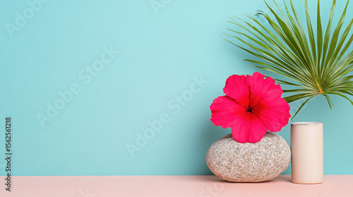 Minimal tropical, Smooth stone with tropical flower beside it, ideal for nature-themed visuals.