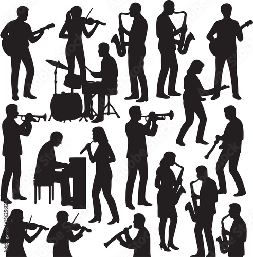 Silhouettes of musicians playing various instruments