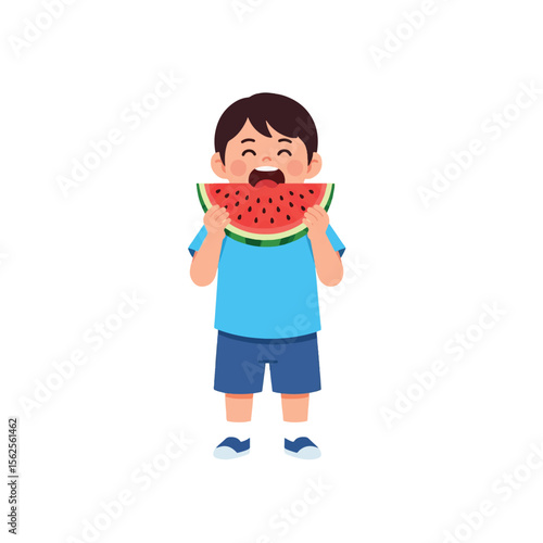 A happy boy joyfully devours a large slice of refreshing watermelon.