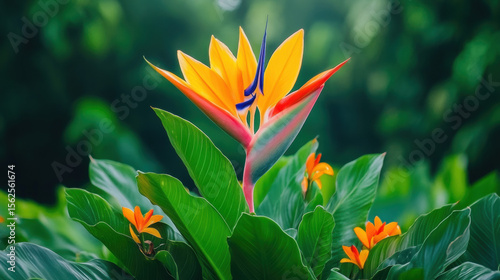 Minimal tropical, Vibrant bird of paradise flower illuminated by soft tropical light.