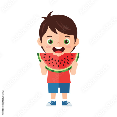 A young boy with brown hair is happily eating a large slice of watermelon.