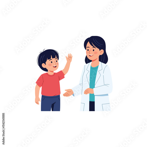 A friendly doctor and a child interact in a cheerful, positive medical consultation.