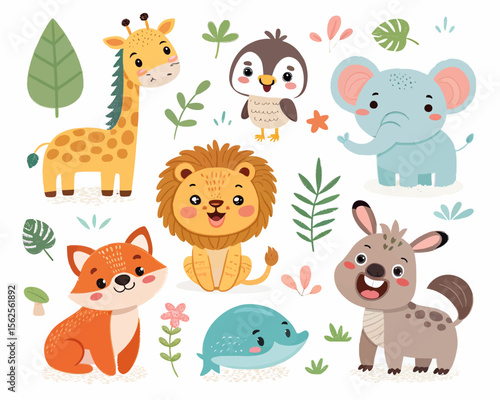 Wallpaper Mural Adorable Baby Animals Featuring a Giraffe Lion Fox Elephant Penguin Dolphin and Hyena in a Playful Forest Setting Torontodigital.ca