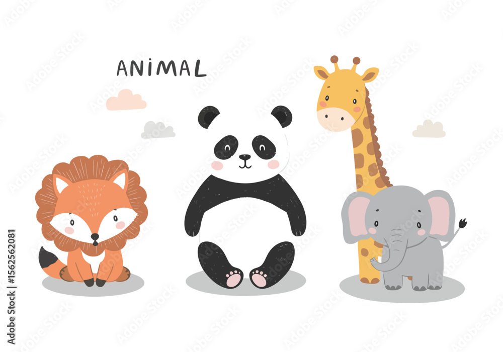 Obraz premium Adorable Cartoon Animals Featuring a Friendly Fox a Playful Panda a Gentle Giraffe and a Cute Elephant in a Whimsical Natural Setting