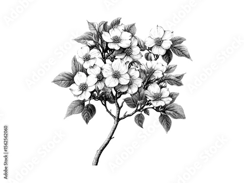 Hand-drawn dogwood tree engraving, vintage botanical illustration, rustic floral art, black sketch, retro nature decor, old engraving style, trendy tree drawing, spring blossom art