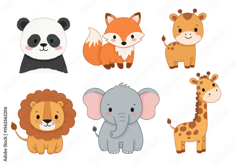 Adorable Cartoon Safari Animals Including a Panda a Fox a Lion a Cute Elephant and Two Giraffes in a Fun Illustration Adorable Cartoon Safari Animals Including a Panda a Fox a Lion a Cute Elephant and Two Giraffes in a Fun Illustration