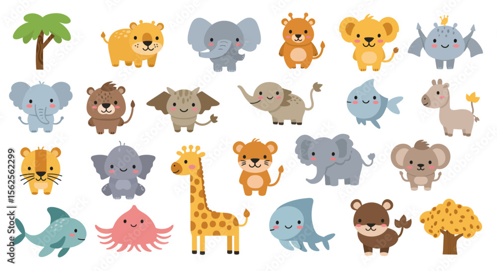 Fototapeta premium A Vibrant Collection of Adorable Pixelated Jungle Animals and Marine Life Perfect for Childrens Educational Content and Playful Designs