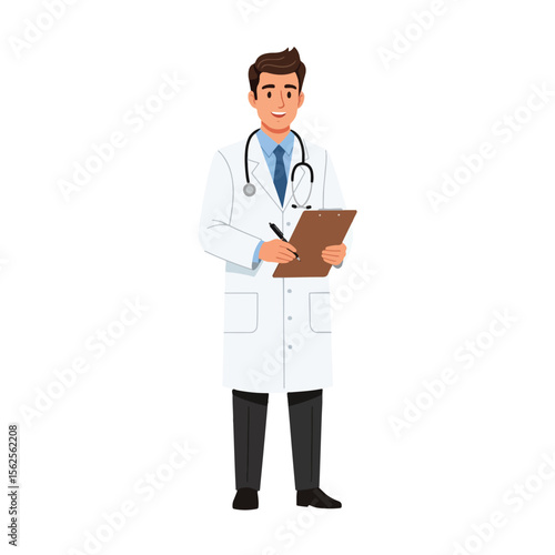 Smiling male doctor in a white coat makes notes on a clipboard.