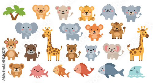 A Delightful Collection of Adorable Cartoon Animals Including Koalas Lions Elephants Giraffes Bears and Fish Perfect for Childrens Educational Content