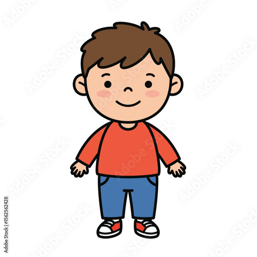 A cheerful young boy wearing a vibrant orange long-sleeved shirt and blue jeans stands with a happy expression and rosy cheeks, ready for a day of fun and adventure
