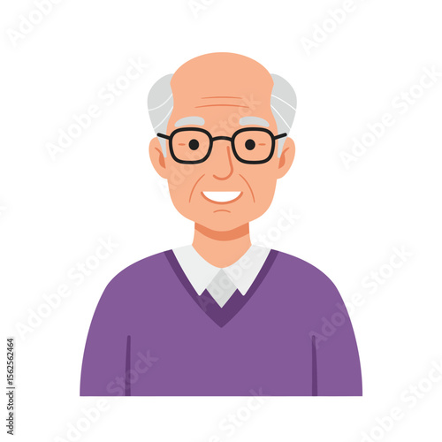 A Kind Elderly Gentleman Wearing a Purple Sweater and Glasses with a Gentle Smile and a Sense of Wisdom and Experience