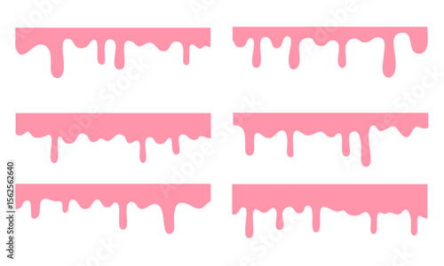 A set of melting and dripping pink strawberry. melted pink paint. melting pink cream. 