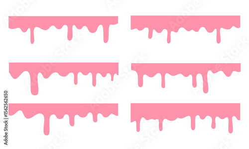 A set of melting and dripping pink strawberry. melted pink paint. melting pink cream. 