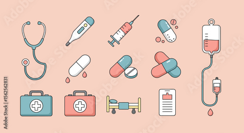 A collection of medical symbols and icons representing healthcare and treatment including a stethoscope thermometer syringe capsules an iv drip first aid kits a hospital bed and medical records