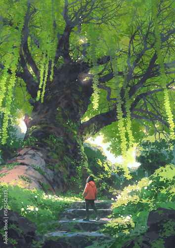 A young girl in a red jacket stands in awe at the base of an enormous tree surrounded by dense greenery and sunlight, digital art style, illustration painting