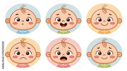 Collection of Cartoon Baby Faces Expressing Various Emotions Like Happiness Sadness Surprise and Contentment in Round Emoticons
