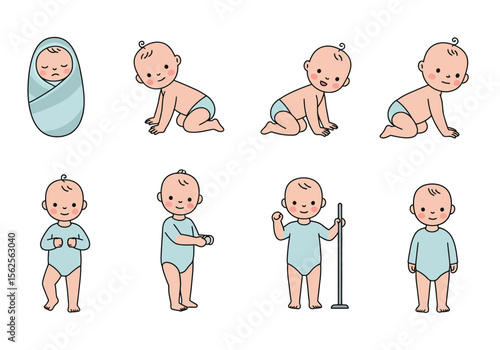 Illustration Depicting the Stages of Infant Development from Birth to Toddlerhood Showcasing Growth Milestones and Motor Skill Progression