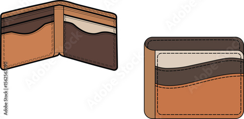 Flat wallet vector showing both open and closed views of brown leather styled wallet in card holder