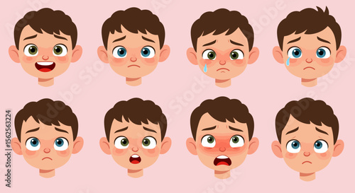 A Collection of Eight Expressive Cartoon Boy Faces Showing a Range of Emotions from Joy to Sadness and Embarrassment