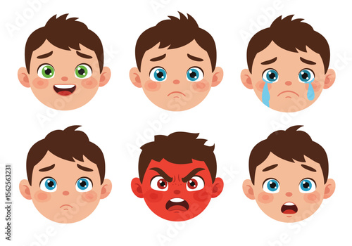 A Collection of Six Adorable Cartoon Boy Faces Displaying a Spectrum of Diverse Human Emotions From Happiness to Sadness Anger and Surprise