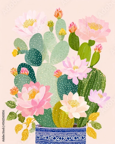Blooming cactus garden in decorative pots