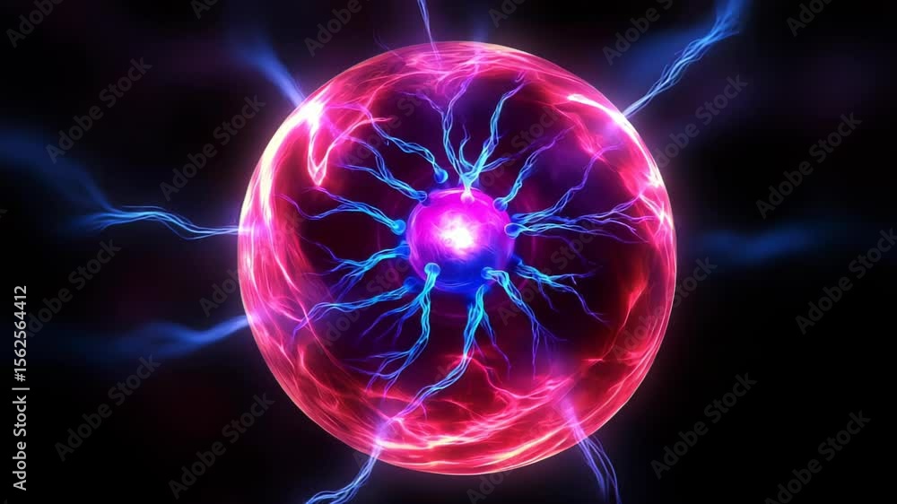 Vivid plasma ball emits radiant red and blue energy against stark black backdrop