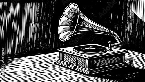 classic gramophone with a large horn playing vinyl records, ideal for retro music posters, vintage branding, or nostalgic home decor a black and white line art illustration