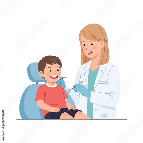 Smiling child patient receiving dental examination from a friendly dentist.