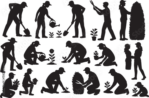 Silhouettes of People Gardening and Planting Trees