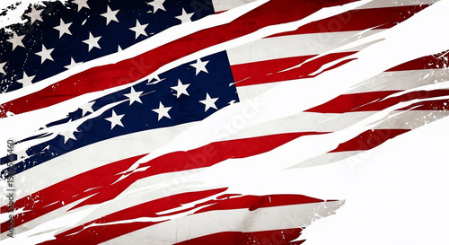 A tattered American flag with distressed texture and ripped edges, creating a dramatic and patriotic image ideal for various design projects.