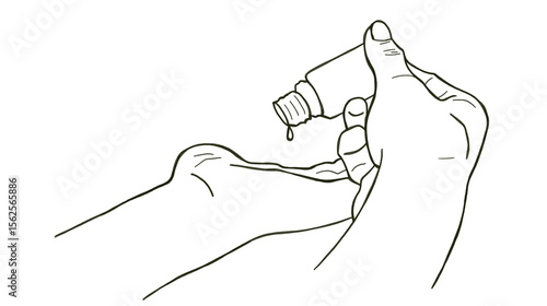 Hand holding a small glass bottle in which a drop is poured onto the hand, the image is a line drawing