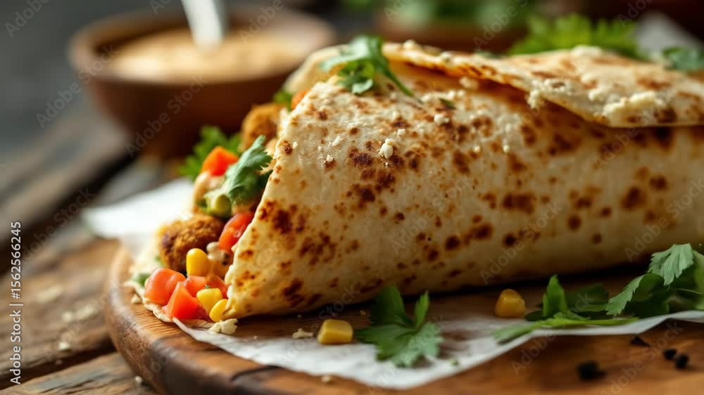 Savory falafel wrap with fresh vegetables on a wooden board, gourmet presentation Savory falafel wrap with fresh vegetables on a wooden board, gourmet presentation