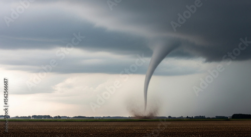 Realistic Tornado Touching Down in Open Farmland Under Overcast Sky – Natural Weather Phenomenon, Wide-Angle View