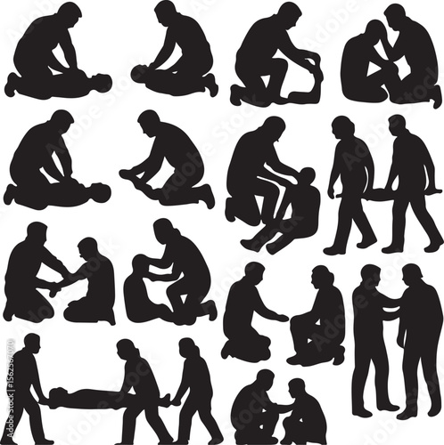 First Aid and Emergency Help Silhouettes – Medical and Rescue Actions