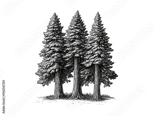 Vintage engraving, hand-drawn illustration of giant redwoods, tall trees, eco-friendly decor, forest sketch, nature illustration, black sketch, old engraving style, rustic wall art