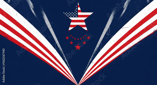 Patriotic American flag starburst design with red and white stripes radiating from a central star, perfect for Independence Day celebrations and other nationalistic themes.