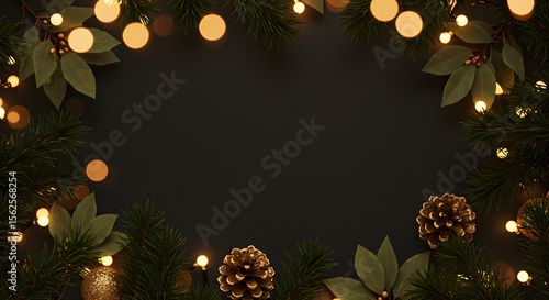A festive Christmas and New Year background decorated with pine branches, warm string lights, and pine cones, perfect for the holiday season. A beautiful illustration of festive Christmas decorations