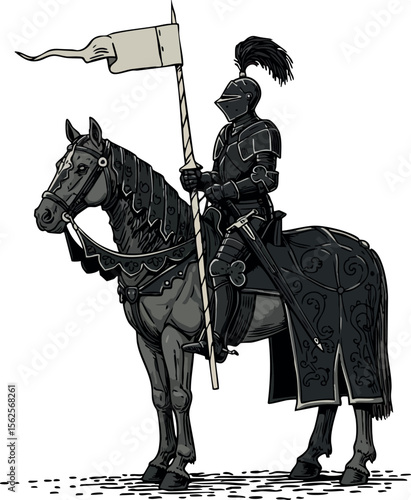 Medieval knight in full armor on horse holding lance with flag detailed vector illustration