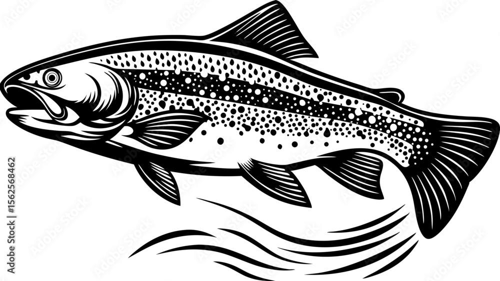 Fototapeta premium Rainbow trout leaping in clear water with detailed black outline 