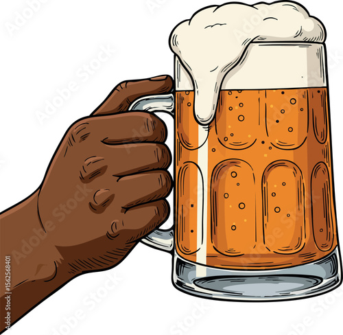 Hand holding frothy beer mug with amber liquid and foam top in realistic vector style