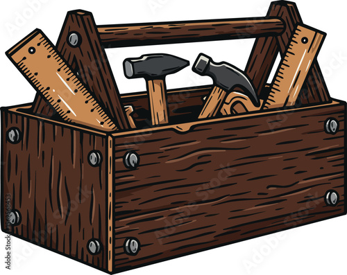 Wooden toolbox with hammer and rulers vector illustration for carpentry and DIY projects design