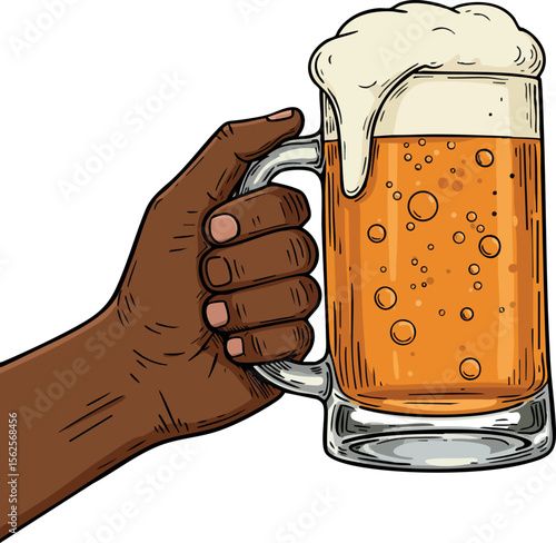 Hand holding cold beer mug with frothy foam and bubbles refreshing drink vector illustration