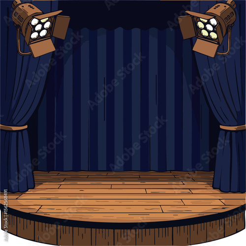 Theater stage with blue curtains and wooden floor under warm spotlights vector illustration