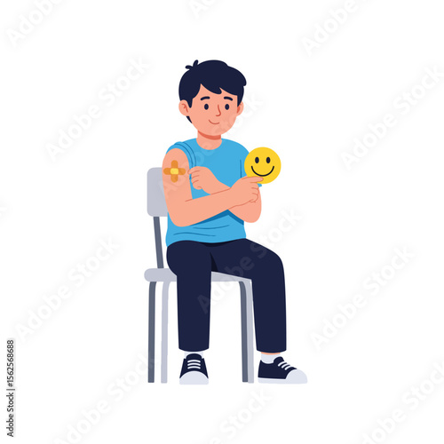 A smiling boy sits patiently after receiving a vaccination, holding a happy face.