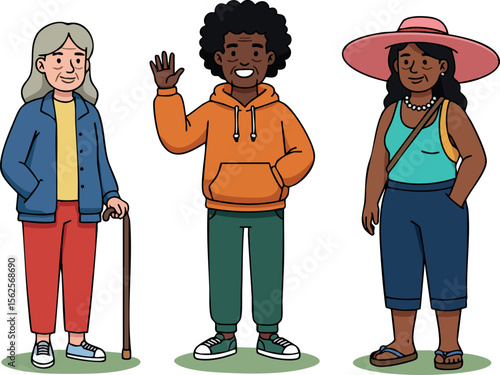 Diverse group of smiling people standing together with casual clothing and accessories vector illustration