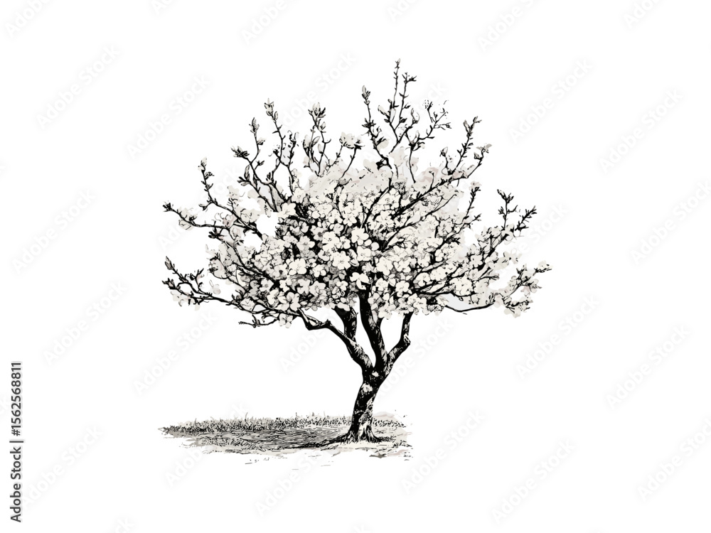 Vintage hand-drawn engraving of almond tree, botanical illustration, almond blossoms, spring decor, eco-friendly art, retro sketch, black ink, old engraving style, rustic wall art, nature print
