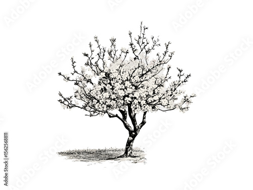 Vintage hand-drawn engraving of almond tree, botanical illustration, almond blossoms, spring decor, eco-friendly art, retro sketch, black ink, old engraving style, rustic wall art, nature print