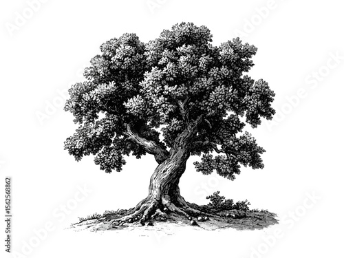 Vintage hand-drawn engraving of oak tree trunk, acorn, oak bark texture, botanical art, rustic woodland decor, eco-friendly print, old black sketch, retro nature illustration