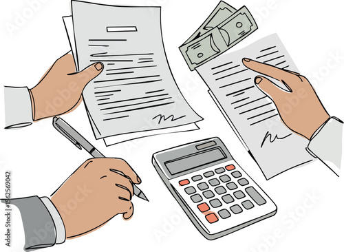 Business hands calculating finances with documents calculator and cash payments vector illustration
