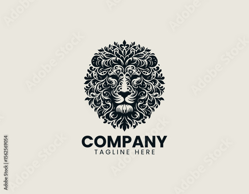 Herbal lion head logo vector illustration featuring plant elements for organic identity and strong natural branding concept